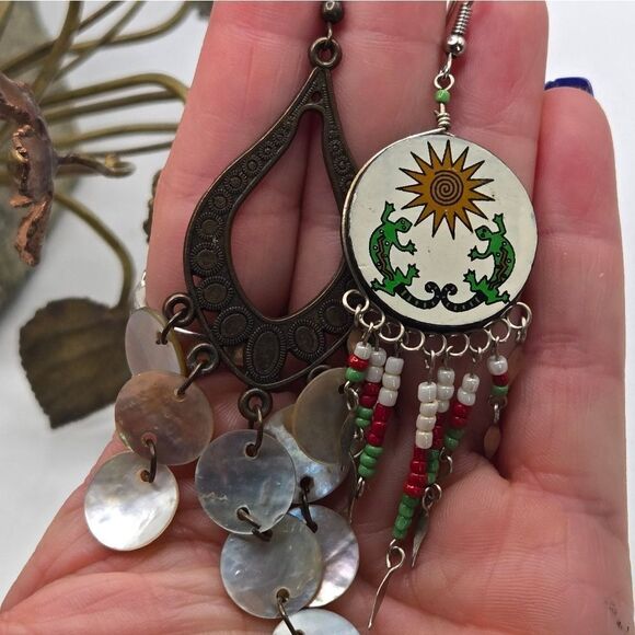 "5/$25" Mismatched Ethnic Dragon Lizard Brass Shell Bead Dangle Earrings - Picture 9 of 9
